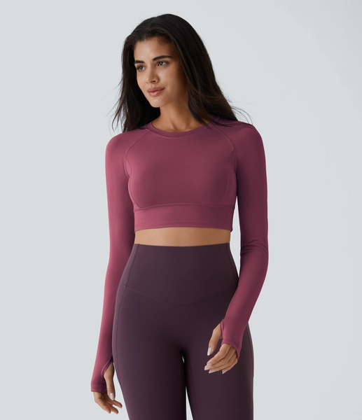 Solid Thumb Hole Cropped Yoga Sports Top