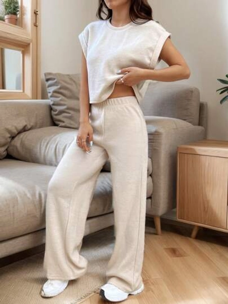 SHEIN EZwear Apricot Knit Loose Batwing Sleeve Top And Pants Set,Ladies Casual Loose Apricot Batwing Sleeve Tee Pants Women Two-Piece Outfits,Spring/Summer,Casual Daily Wear