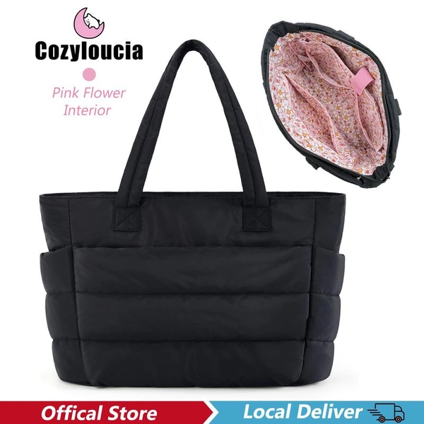 CozyLoucia 20L Puffer Tote Bag for Women Cute Pink Flower Print Interior Laptop Shoulder Handbag,The Perfect Gift for Thanksgiving and Christmas,Lightweight Best Tote Bag for Work with Multiple Compartments for Travel , Work  and School