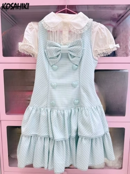 Japanese Plaid Sweet Cute Dresses Harajuku Mini Love Button Sleeveless Vestidos Y2k Aesthetic Women Ruffled Pleated Fairy Dress - AliExpress 200000345