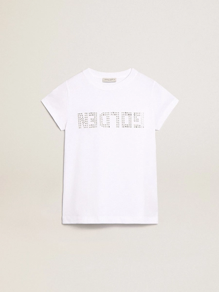 T-shirt blanc avec inscription Golden en cristaux au centre
