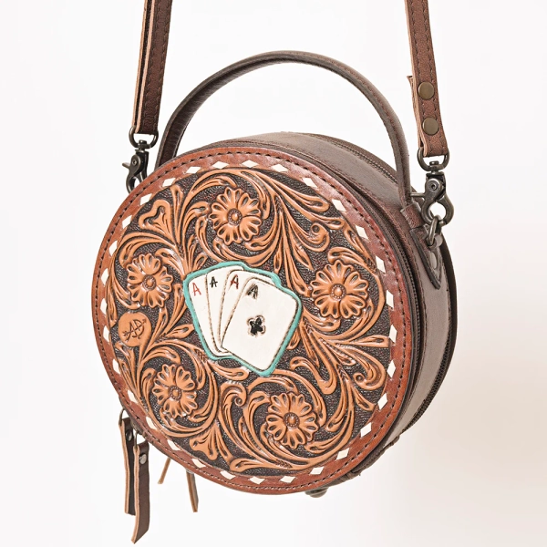 American Darling Western Round Canteen Bag Handcrafted from Tooled Genuine Leather | Playing Card Theme, Buckstitch &amp; YKK Zipper