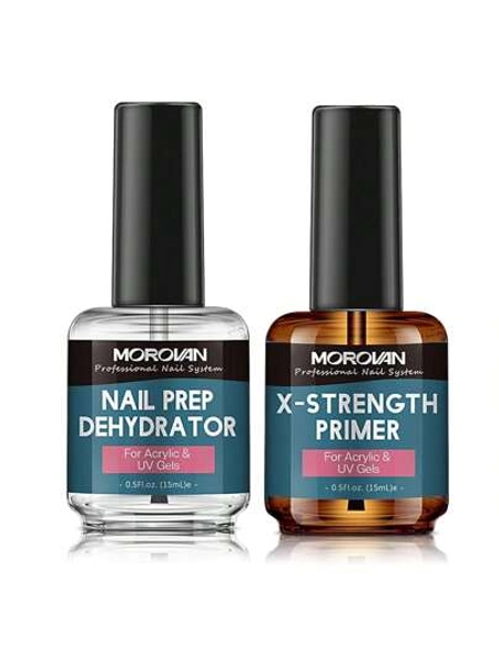  Morovan Nail Prep Dehydrate And Primer X-Strength, No Burn Non Acid Nail Primer And Dehydrator For Acrylic Powder Fast Dry 0.5oz