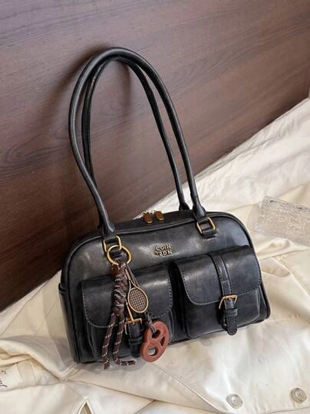Fashion Classic Joker Solid Color Pu Waterproof Fabric, Letter Pattern Decoration Design, Multi-Pocket, Shell Bag, Shoulder Bag, Underarm Bag With Pendant Decoration Design, Suitable For Traveling And Shopping, Commuting To Work, Party, Date, And New Year Wear.