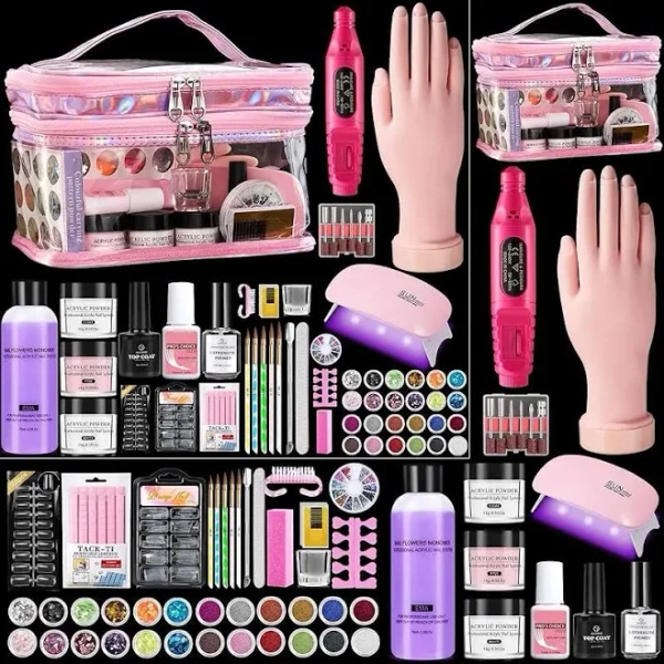 Nail Kit for Beginners with Everything: Professional Nail Acrylic Powder Liquid Set with Practice Hand Drill U V Light in Cosmetic Bag for Women Salon