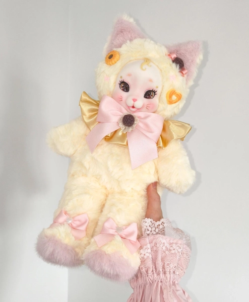 Cute Large Cookie Cat Plush, Kawaii / Vintage Style Biscuit Kitty Plushie, Unique and Original Art Doll