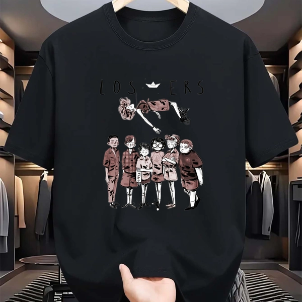 High-Quality Men'S Graphic Tee from The Losers Club - Made of 100%, Featuring a Black Retro Style with Cartoon Art And Bird Designs, Suitable for All Seasons, Crew Neck, Short Sleeves