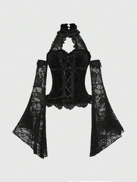 ROMWE Goth Elegant Stand Collar Lace Patchwork Tie-Up Waist Flare Sleeve Velvet Women Blouse