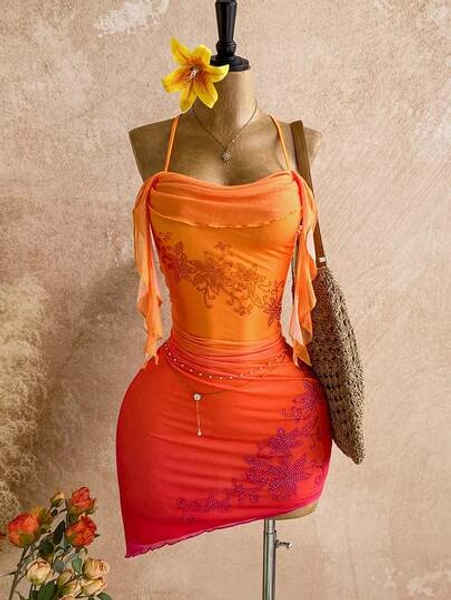 Soleia Women's Gradient Orange Rhinestone Floral Ruffle Mini Dress, Suitable For Holiday, Date, Afternoon Tea, Beach, Cruise, Island Vacation, City Trip, Music Festival, Boho Vacation, Party, Can Be Worn Inside Or Outside, Beach Set Orange Vacation Dress Sunset Color Outfit Tequila Sunrise Dress Sunset Dress,Valentine's Day Outfit
