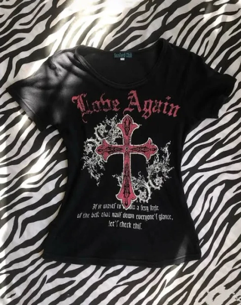 Gothic Punk Y2K E-girl American Retro Cross Print Short Sleeve Top