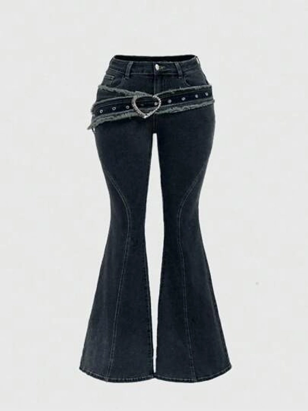 ROMWE Grunge Punk Vintage Grunge Y2K Style Canvas Belt With Heart Shaped Metal Buckle, Plus Size Flared Distressed Denim Pants