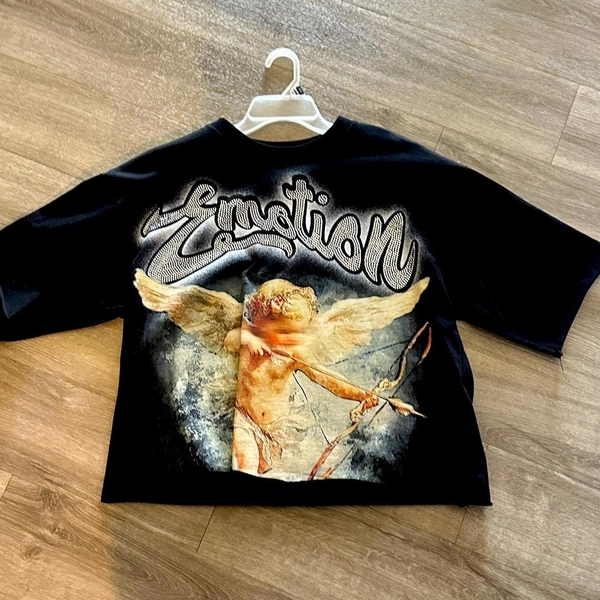 Mixed Emotion black boxy graphic tee with angel...