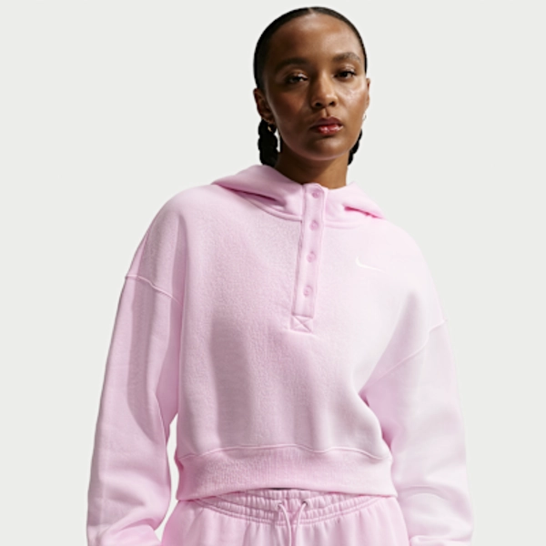 Nike Sportswear Phoenix Fleece Women's Oversized Cropped Henley Hoodie - Pink Foam/Sail - Size XS