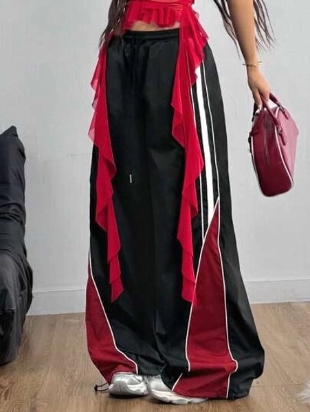Coolane Women's Summer Hip Hop Sportswear Color-Blocked Black And Red Wide Leg Sweatpants
