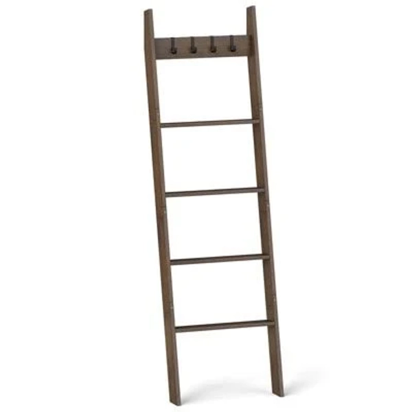 costway 5-Tier Bamboo Ladder Bookshelf with 4 Removable Hooks