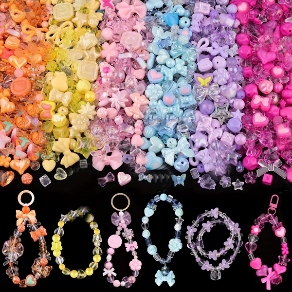 DIY 260-320pcs 6 kinds of mixed colors, various acrylic cute beaded bracelets for Making, star heart-shaped Kawaii accessories for Jewelry making, DIY necklaces, keychains, mobile phone pendants (240g)(Jewelry Making kits)