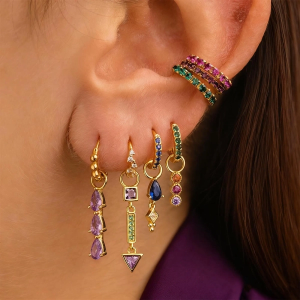 Colorful CZ Earrings Set: Dainty Studs, Hoops & Cuffs - Hypoallergenic