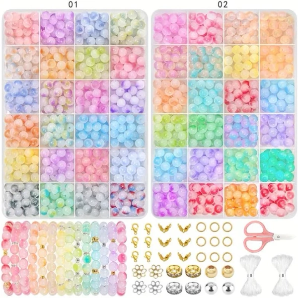 Glass bead bracelet kit, Jewelry making kits, 360Pcs/720Pcs 8 mm Colorful Glass Beads Beading Kit, Glass spheres, Including Scissors And Elastic