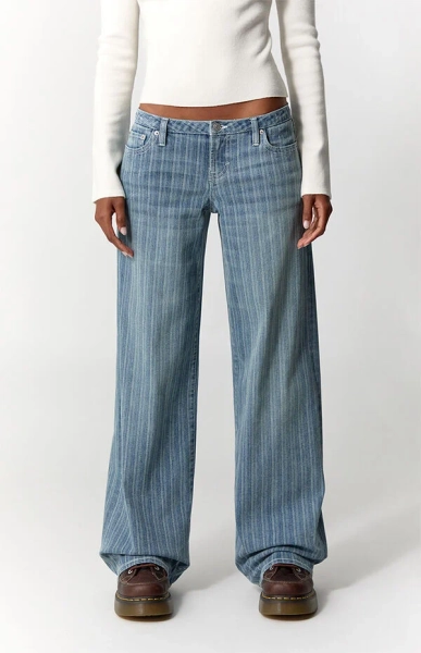 Kaia Ultimate Low Rise Baggy Jeans Stretch Striped Light Blue