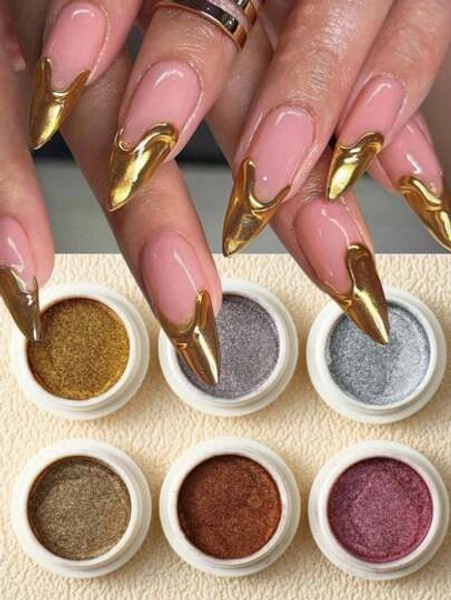 6pcs Chrome Gold Silver Nail Powder Pigment Mirror Metallic Rubbing Nail Art Glitter Dust Decorations