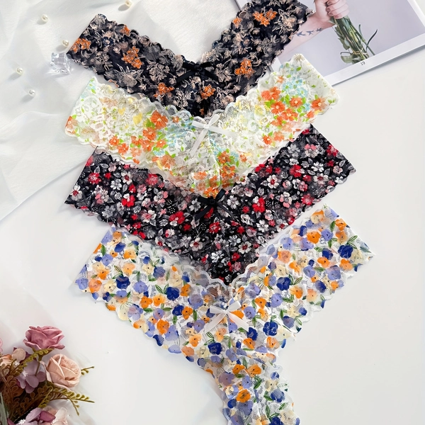4pcs Lace Printed Style Bikini Panties for Women; Flower Print; Seamless; Thin; Low-Waisted; Peach Butts