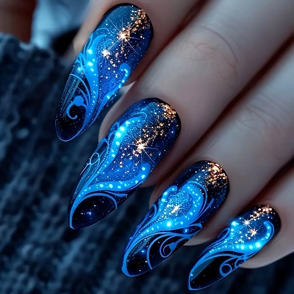 24Pcs Mid-length Almond Fake Nail with Blue Stripe Smudge Design Press on Nails for Woman Datachable Full Cover False Nails Tips - AliExpress 