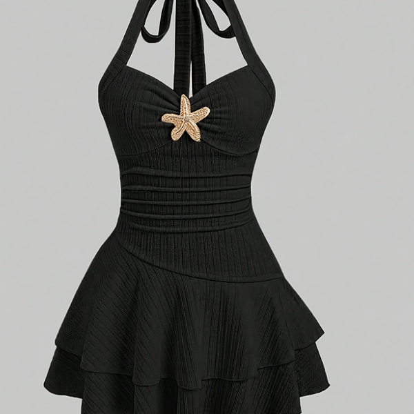 Elegant Starfish Decorated Bandeau Dress for Adults, Solid Color, Lettuce Trim, Sleeveless, Spring Summer Fall Party Dress, Formal Evening Wear, Floral Pattern, Women'S Fashion, Elegant Design