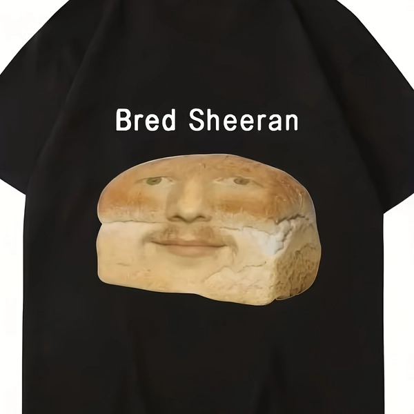 Men'S Fun Bread Face T-Shirt, Featuring a "Bread Sheeran" Pun And Bread Slice Graphic - Black Background with White Print, Regular Fit Casual Short-Sleeved T-Shirt, Suitable for Music Fans And Comedy Lovers - Suitable for All 4 Seasons