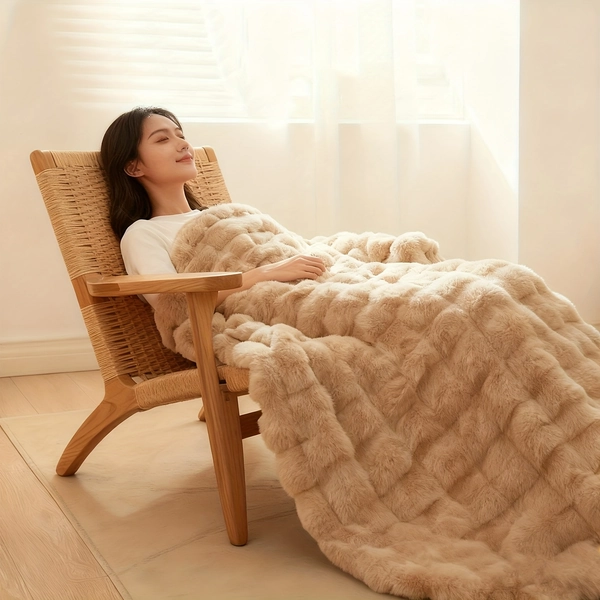 Faux Rabbit Fur Blanket, Plush Thick Bubble Texture All-Season Soft Cozy Bedspread, for Bed Sofa & Couch Cover, 40"x60", Beige-Tone Beige Furry, Luxury Bedding Accessory