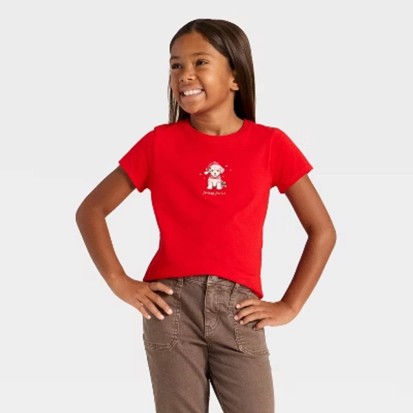Girls' Short Sleeve Christmas 'Festive Pup' Graphic T-Shirt- Cat & Jack™ Red M