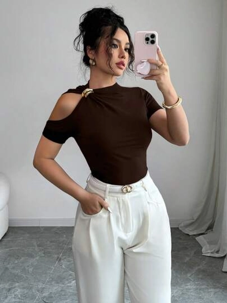 Elenzga Women's Fashion Solid Color Off-Shoulder Metal Ring Short Sleeve T-Shirt