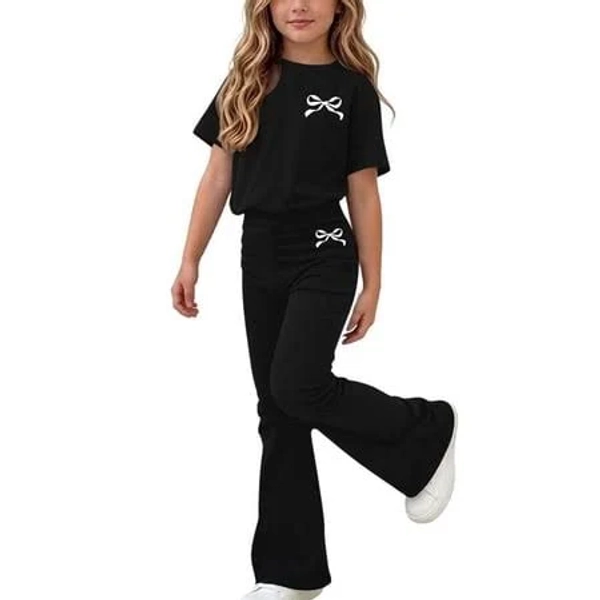 Girls Bow Graphic Tee and Flare Pants Set