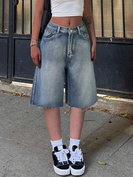Y2K Retro Slant Pocket Fringe Hem Wide Leg Denim Bermuda Shorts, Casual Shorts Summer