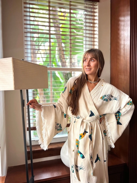 Sustainable Clothing made with organic cotton,Stone Printed fish Robe,Vacation Outfits Natural Gauze Dressing Gown,Natural Cotton Women Robe