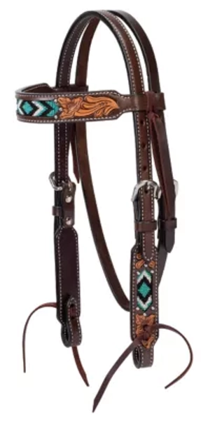 Weaver Equine Turquoise Cross Pony Leather Browband Headstall, 5/8 in. - Leather Brown,Pony