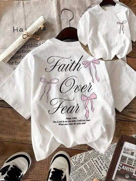 Tween Girls' Slogan & Bow Print Round Neck Short Sleeve Casual T-Shirt Summer Holiday