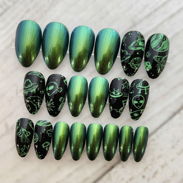 Neon Green Alien Press On Nails - Chameleon Galaxy False Nails Set