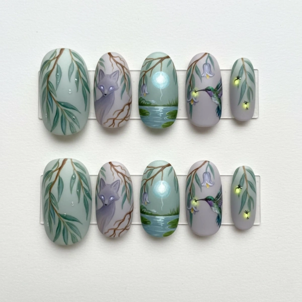 Mystic Forest Press On Nails, Moonlit Lake & Fox Nails, Firefly Fantasy Nail Art, Enchanted Nature Press On Nails