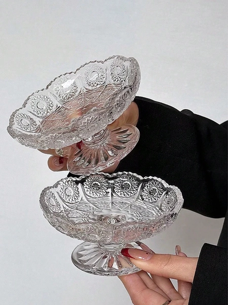 6PCS/1PC Vintage Premium Embossed Pattern Glass Stemmed Fruit Small Plate, Creative Compact Exquisite Dessert Snack Display, Candy Plate Cake Plate (Exquisite Compact, Detailed Pattern) Suitable For Placing Nuts, Snacks, Dips, Etc.
