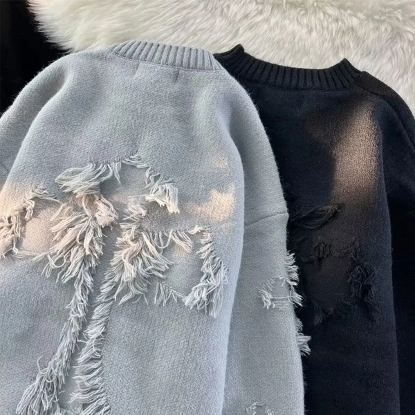 Men's & Women's Oversized Ripped Tassel Knit Sweater - Beige Frayed Hem & Tassel Trim, Loose Fit Winter Warm Coat Sweater with Belt, Casual Streetwear Layering Piece for Men & Women (Autumn/Winter) - Soft Stretchy Knit Fabric, Vintage Distressed Design, Round Neck Long Sleeve, Relaxed Fit, Hand Wash Dry Clean, Beige Color with Frayed Sleeves and Hem, Cozy Knit Material for Cold Weather, Winter Stripe Knitwear for Men, Sweaters for Men Winter, Winter Sweaters for Men,