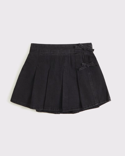 pleated wrap denim mini skort