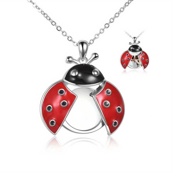 Ladybug Box Pendant Necklace with Photo 925 Sterling Silver Women'S Red Ladybug Necklace Ladybug Jewelry Gift for Mother'S Daughters and Wives