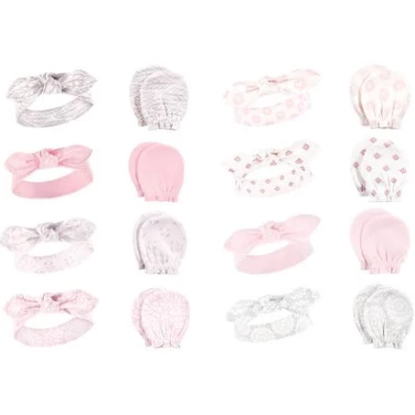 Hudson Baby Girls 16Pc Cotton Feather Lace Headband and Mitten Set