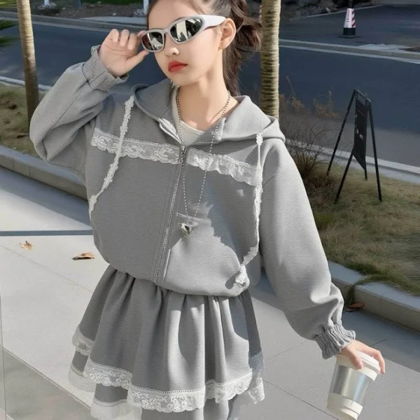 Girls' Spring & Autumn Gray Lace Patchwork Hooded Set Teen girl clothes Girls clothes 12 to 14 years old