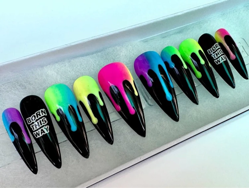 Pride Rainbow Drip Press On Nails | LGBTQ Manicure | Neon Rainbow Nail Art | Reusable Handmade Nails | Festival & Parade Nails