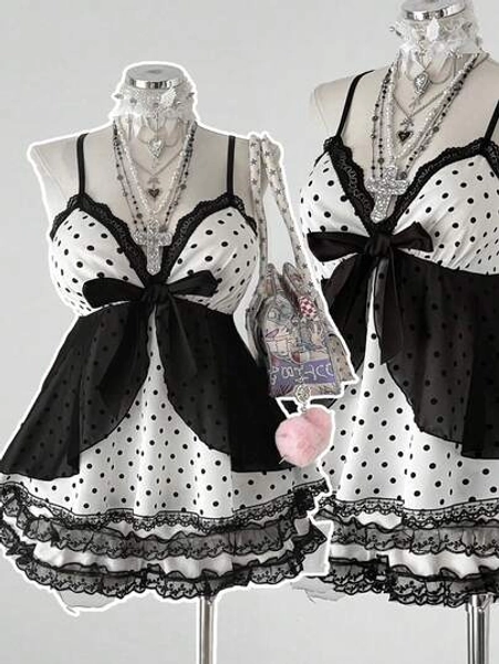 Sunspun Plus Size Women Polka Dot Patchwork Lace Bow Camisole