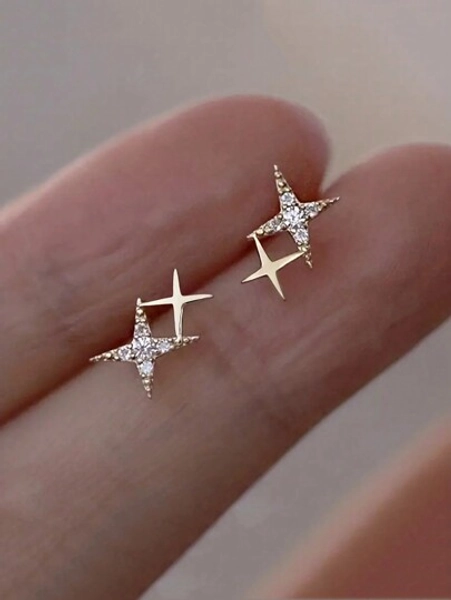 1pair Double Star Shaped Earrings Inlaid With Cubic Zirconia 18k Gold Plated For Women, Perfect Choice For Proposal, Engagement Party Gift