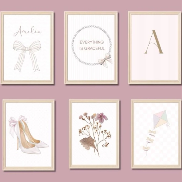 Custom Dorm Poster Decor Set | Clean Girl Aesthetic Wall Art | Set of 6 Trendy Printable Posters |Blush, Pink, Blue, Lilac & Cream Art Print