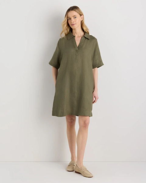 100% European Linen Popover Mini Dress in White