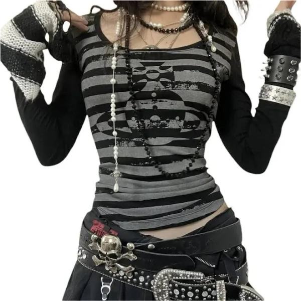 Gothic Grunge Y2k Striped Long Sleeve T-Shirt